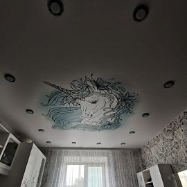 Пример натяжного потолка с фотопечатью в спальню